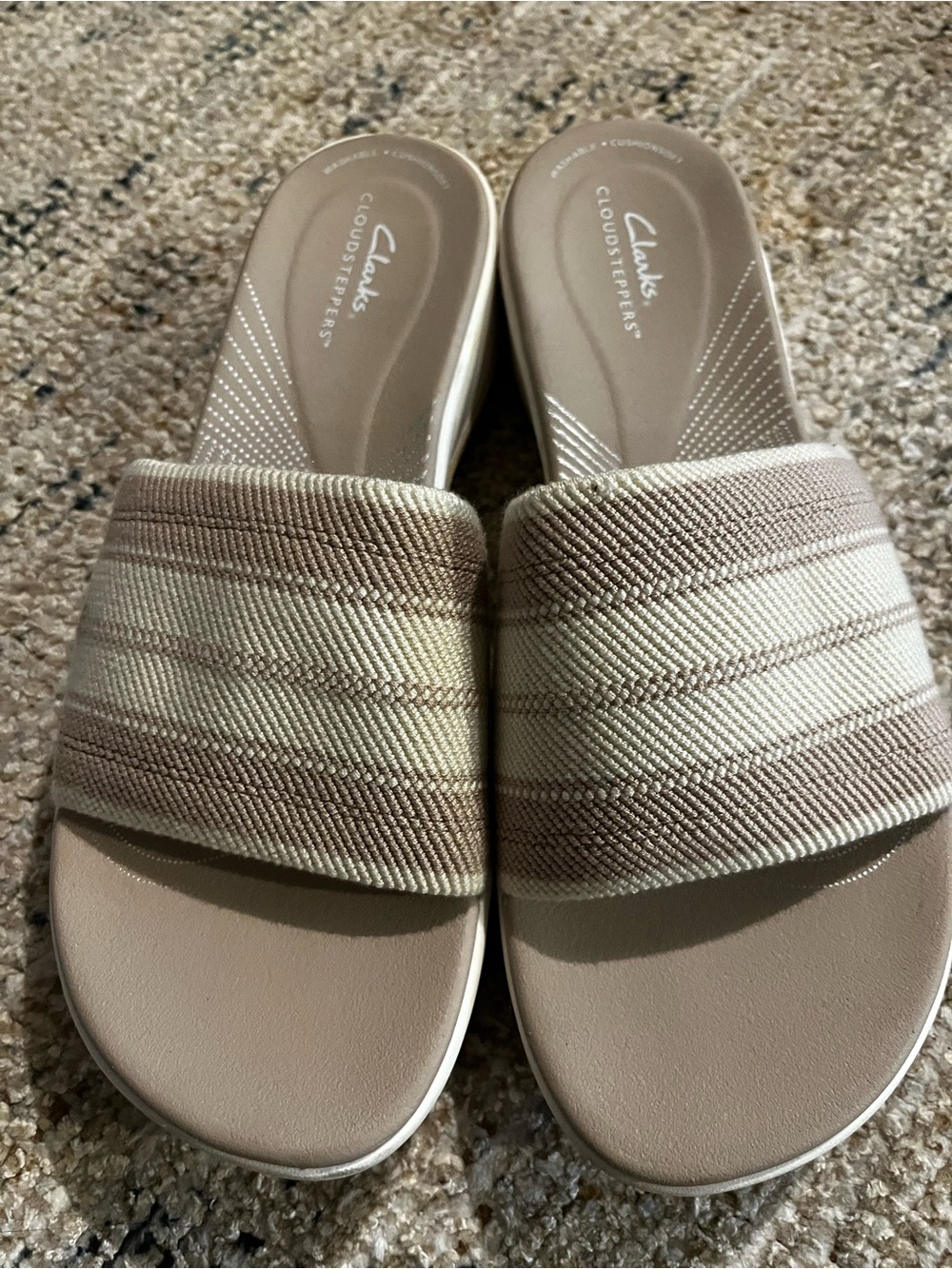 Clarks Women's Slide Sandals - Beige and Taupe Stripes